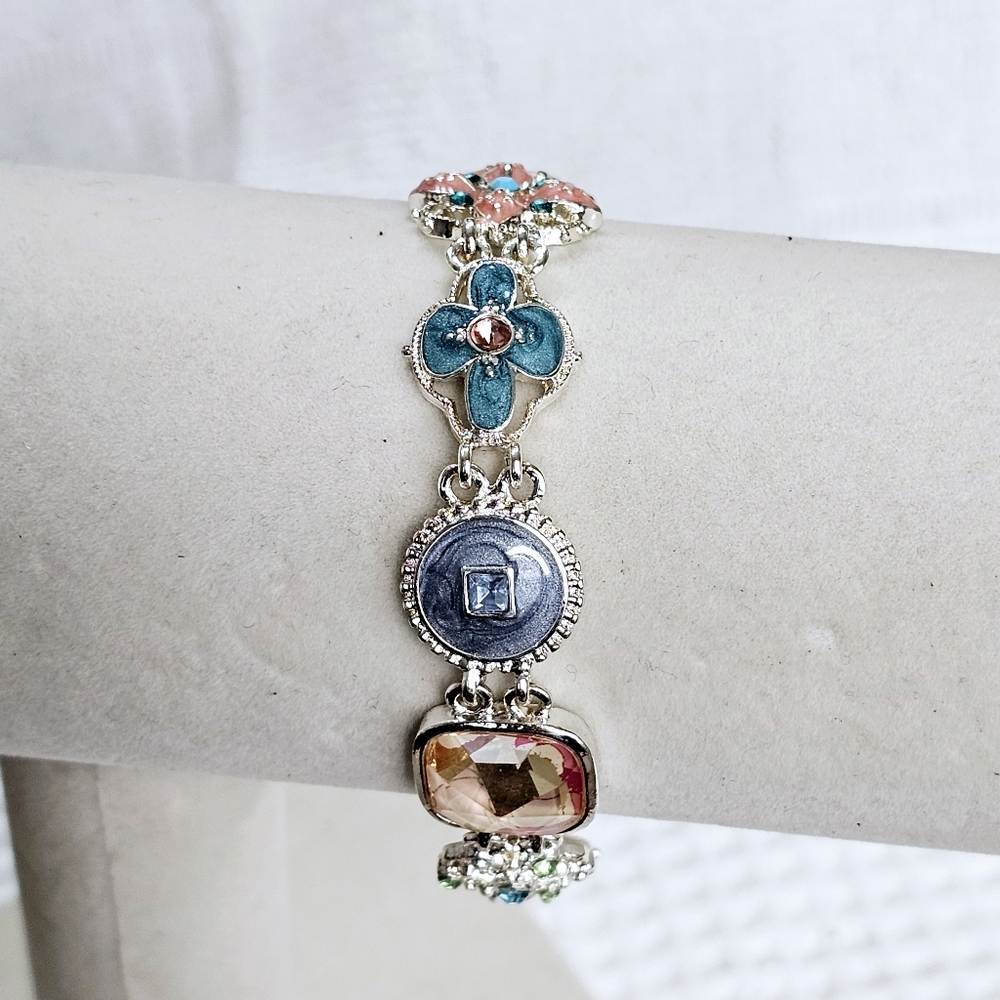 Napier Enamel and Crystal Station Bracelet with Toggle Clasp 7 1/4” - Picture 6 of 14